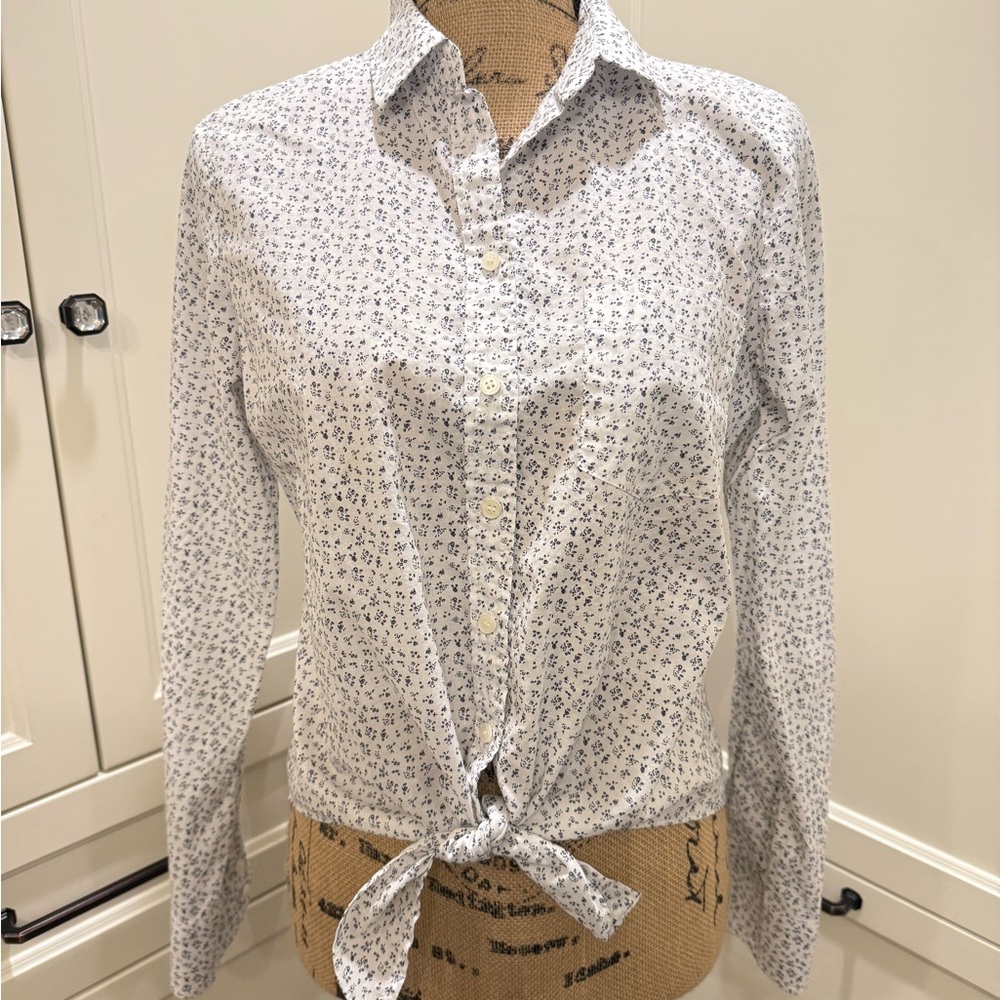 J Crew White & Blue  Button-Up Tie Waist Shirt Small